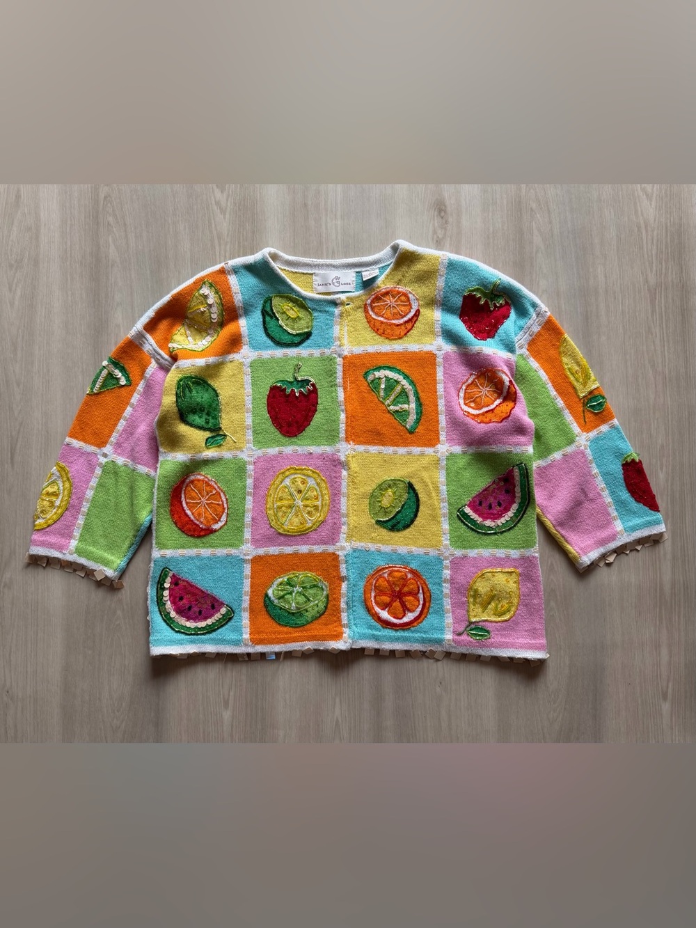 Vintage Jane's Closet Multicolor Beaded Fruit Cardigan Sweater Sz L